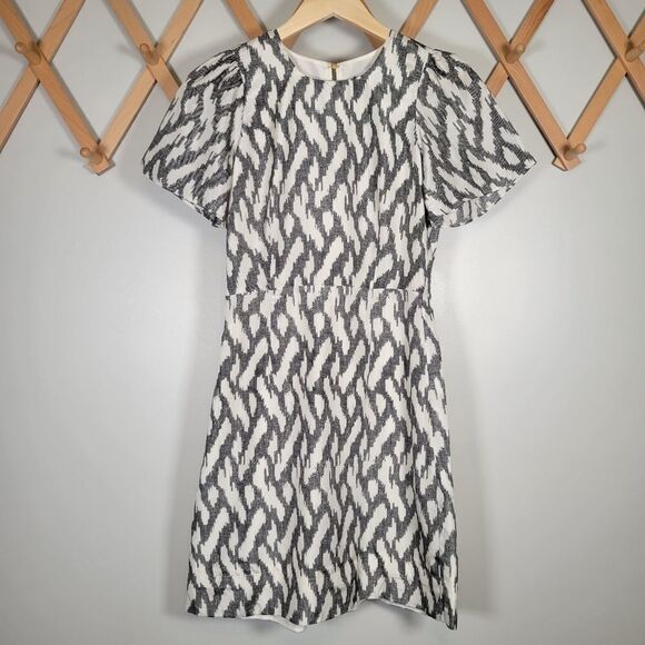 J.Crew Black Ikat Print Silk Flutter Sleeve Dress - Picture 2 of 10